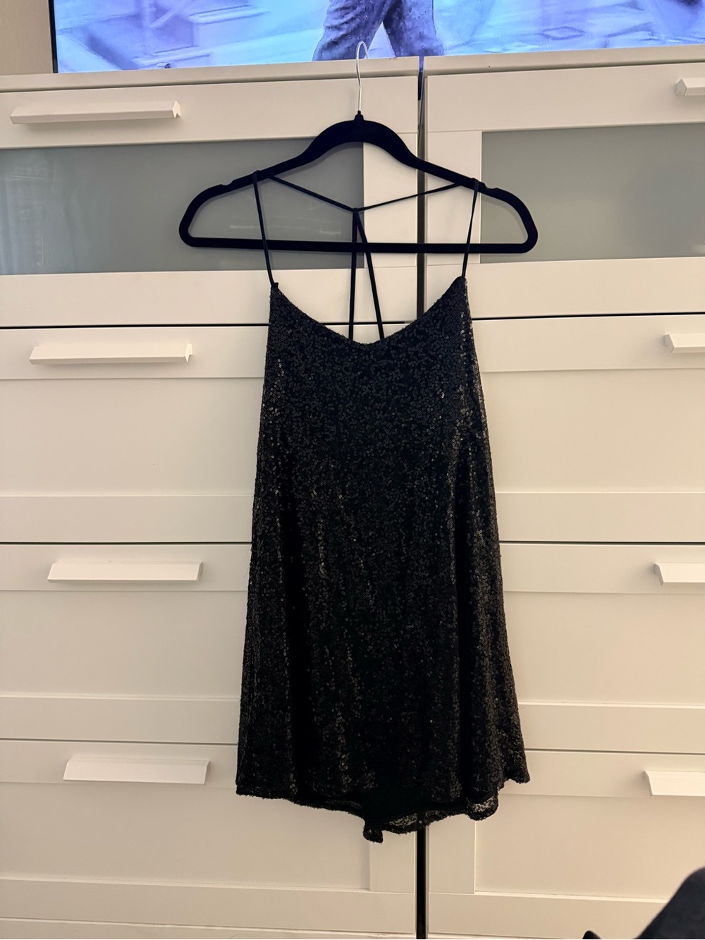 Express Black Sequin Mini Dress with Strappy Back Detail